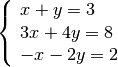 \begin{displaymath}
\left\{
\begin{array}{l}
x + y = 3 \\
3x + 4y = 8 \\
-x - 2y = 2
\end{array}
\right.
\end{displaymath}