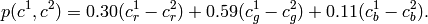 p(c^1,c^2) = 0.30 (c^1_r - c^2_r) +
0.59 (c^1_g - c^2_g) +
0.11 (c^1_b - c^2_b).