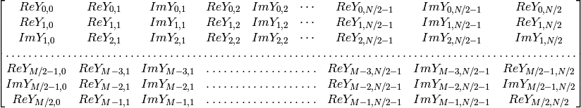 \begin{bmatrix} Re Y_{0,0} & Re Y_{0,1} & Im Y_{0,1} & Re Y_{0,2} & Im Y_{0,2} &  \cdots & Re Y_{0,N/2-1} & Im Y_{0,N/2-1} & Re Y_{0,N/2}  \\ Re Y_{1,0} & Re Y_{1,1} & Im Y_{1,1} & Re Y_{1,2} & Im Y_{1,2} &  \cdots & Re Y_{1,N/2-1} & Im Y_{1,N/2-1} & Re Y_{1,N/2}  \\ Im Y_{1,0} & Re Y_{2,1} & Im Y_{2,1} & Re Y_{2,2} & Im Y_{2,2} &  \cdots & Re Y_{2,N/2-1} & Im Y_{2,N/2-1} & Im Y_{1,N/2}  \\ \hdotsfor{9} \\ Re Y_{M/2-1,0} &  Re Y_{M-3,1}  & Im Y_{M-3,1} &  \hdotsfor{3} & Re Y_{M-3,N/2-1} & Im Y_{M-3,N/2-1}& Re Y_{M/2-1,N/2}  \\ Im Y_{M/2-1,0} &  Re Y_{M-2,1}  & Im Y_{M-2,1} &  \hdotsfor{3} & Re Y_{M-2,N/2-1} & Im Y_{M-2,N/2-1}& Im Y_{M/2-1,N/2}  \\ Re Y_{M/2,0}  &  Re Y_{M-1,1} &  Im Y_{M-1,1} &  \hdotsfor{3} & Re Y_{M-1,N/2-1} & Im Y_{M-1,N/2-1}& Re Y_{M/2,N/2} \end{bmatrix}